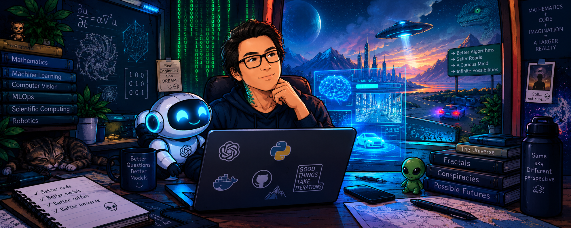 Illustrated portrait of Fernando Alcantara Lopez working with engineering and data systems